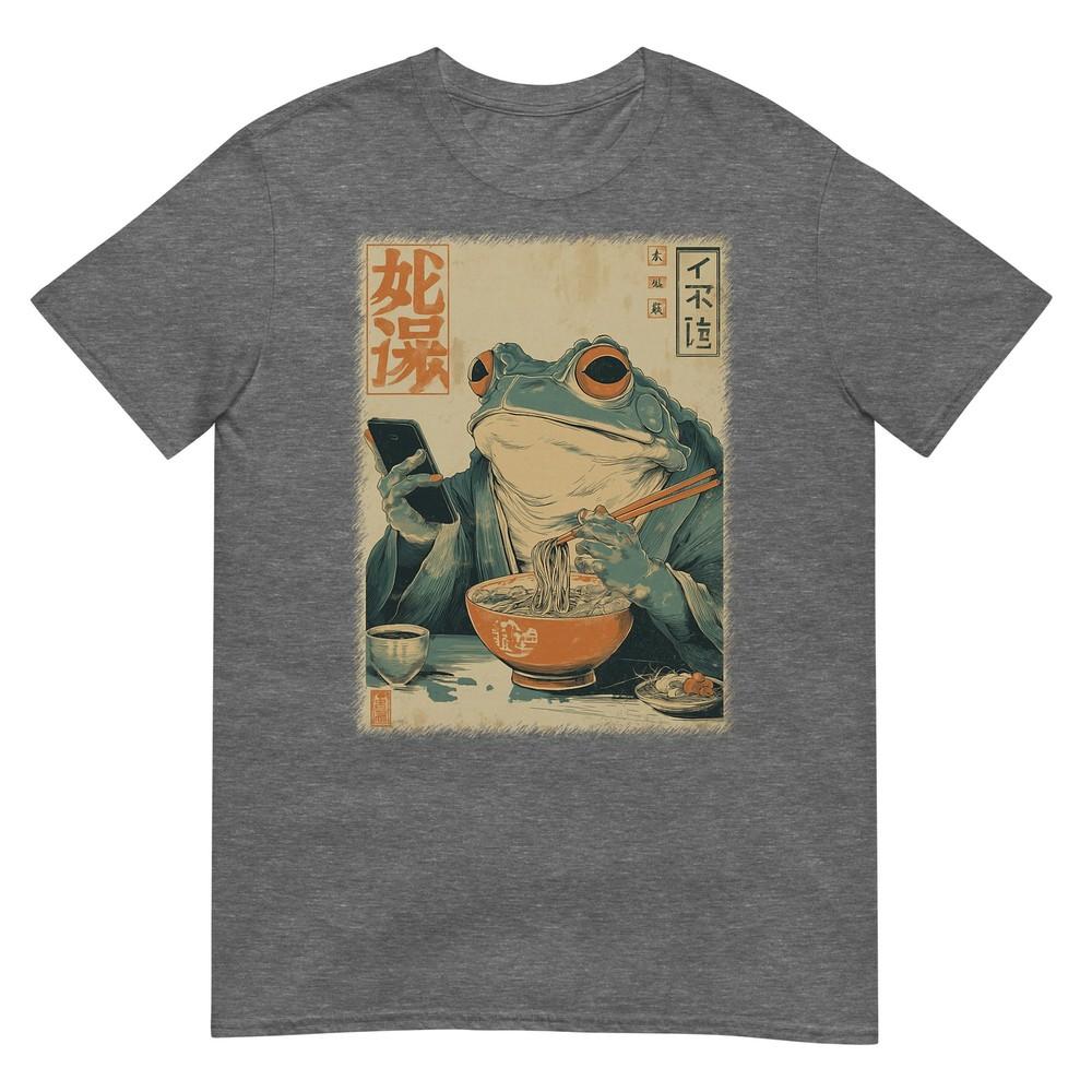 Funny Grumpy Frog Eat Raunisex And Scroll Phone Japanese Art Tshirt