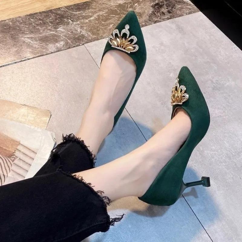 Fashion Women's Stiletto Single Shoes Fashion New Pointed Toe Suede Shallow Rhinestone Metal Crown Pump Heels