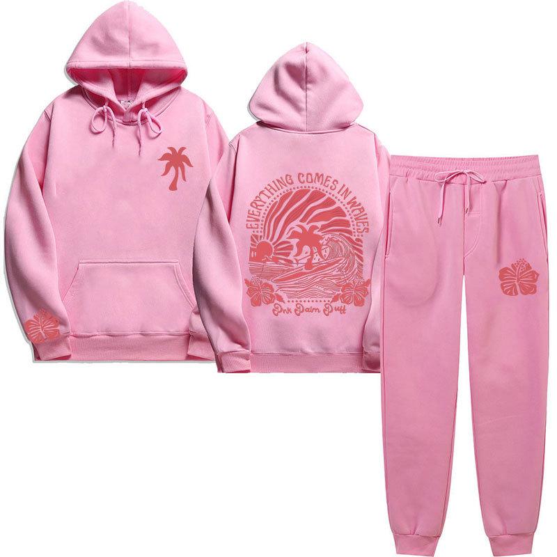 Chasing Sunsets Threaded Peripheral Printing Men's and Women's Sweatshirts Sweatpants Set Hoodie Straight Pants Set