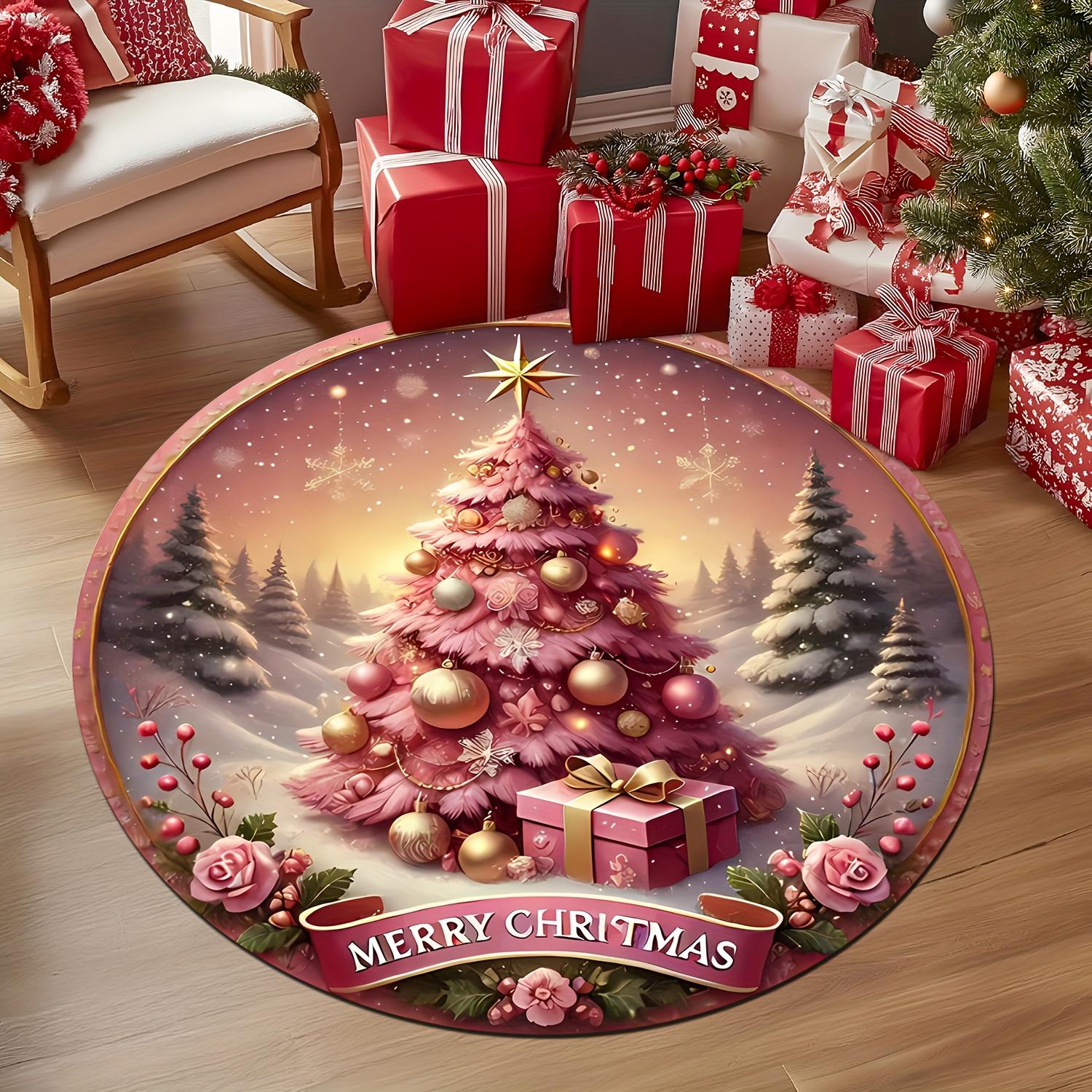 

Pink Christmas Tree Gift Round Rug, Indoor Entry Mat for Farmhouse, Living Room, Bedroom, Kitchen Decor, Holiday Theme Diameter 60cm