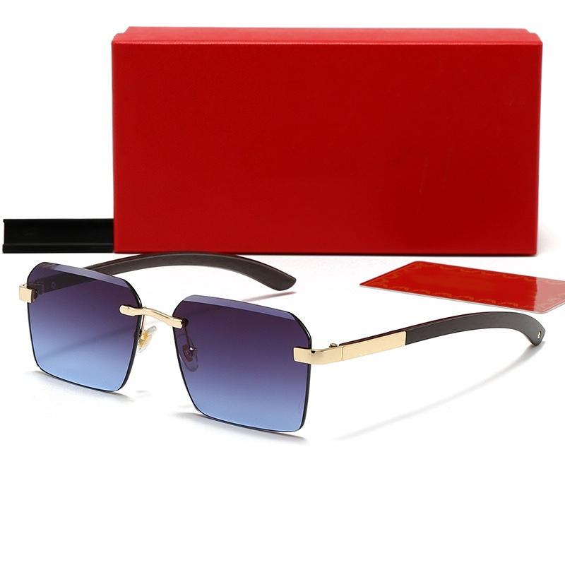 Fashion Rimless Square Sunglasses for Men Women New VintageMetal Frame with Wooden Temple, Classic Retro Shades UV Protection