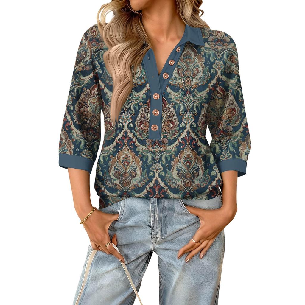 Damen modisches und lässiges Sommer V-Ausschnitt Patchwork Dreiviertelarm Retro Oberteil