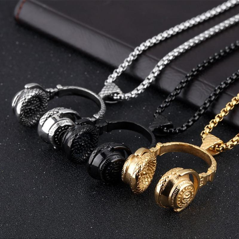 Rock Music Earphone Pendant Couple Necklace Titanium Steel Jewelry
