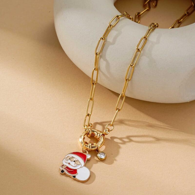 Christmas Stainless Steel Necklace Set - Santa Reindeer Snowman Pendants Lobster Clasp Adjustable Festive Jewelry Gift