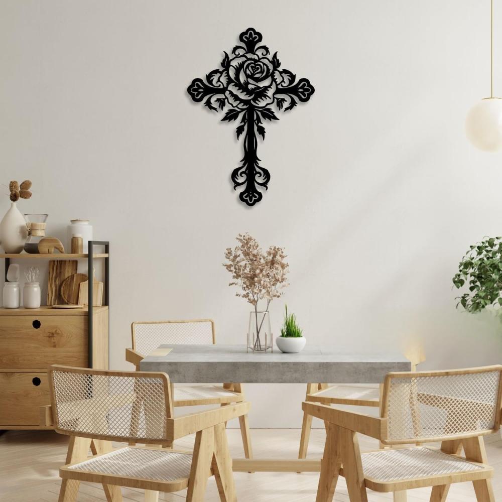 Forged Iron Cross Wall Art Black Metal Rose Gothic Home Decor Religious Decor Living Room Bedroom