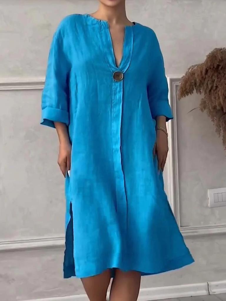 Women's New Cotton Linen Solid Color Casual Round Neck Button Long Dress