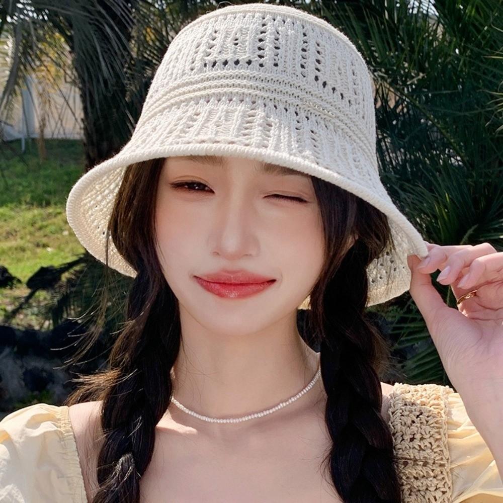 Wide Brim Fisherman Hat Knitted Bucket Hat Fashion Hollow Beach Cap  Summer