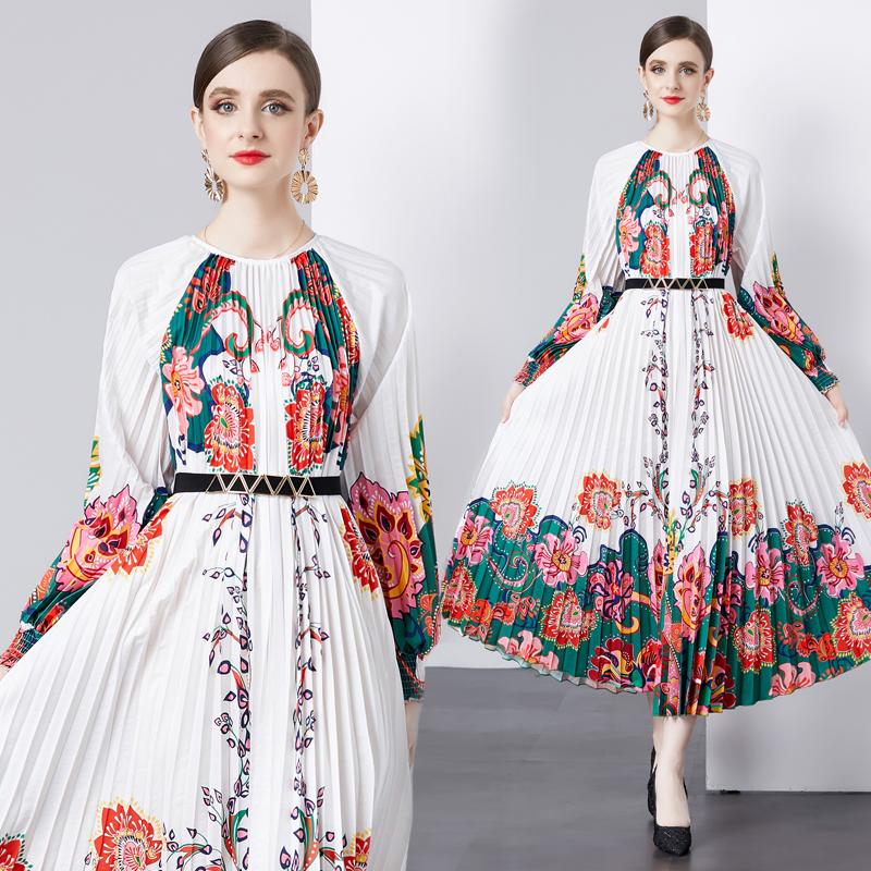 

Осенние женские винтажные принты дизайнерские свободные платья для подиума больших размеров длинные макси праздничные платья с поясом One Size