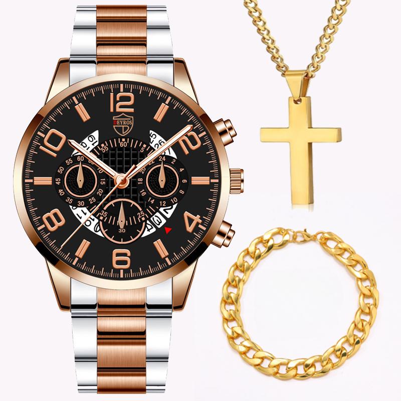 3 pezzi/set, 1 orologio da polso al quarzo con calendario da uomo alla moda e 1 braccialetto casual da uomo e 1 collana classica con croce, scelta ideale per regali per uomini