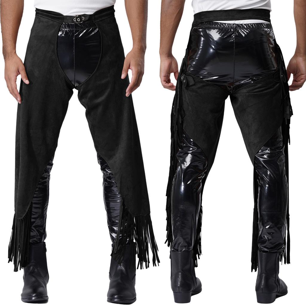 Chaps Cowboy Vintage cu Franjuri pentru Bărbați, Pantaloni de Suedă cu Cataramă Ajustabilă, Design cu Croiala Deschisă pentru Halloween și Petrecere cu Tematică Western