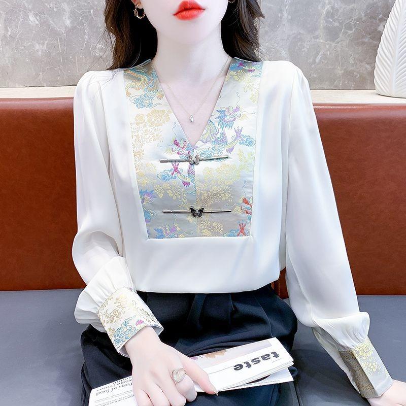 

Women s Chinese Style Qipao Blouse V-Neck Frog Button Floral Print Long-Sleeve Top S білий