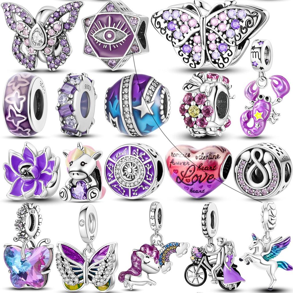copper Purple Collection Bead Charms Clip Flower Heart Star Shape Charm Bead Charms Butterfly Grapes Dangle Compatible With Authentic Fashion Bracelet