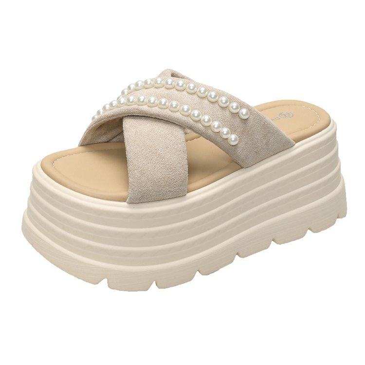 Fashion 8CM Heels Chunky Slippers For Women Open Toe High Platform Leather Sandals Woman New Summer Thick Bottom Beach Bling Flip Flops