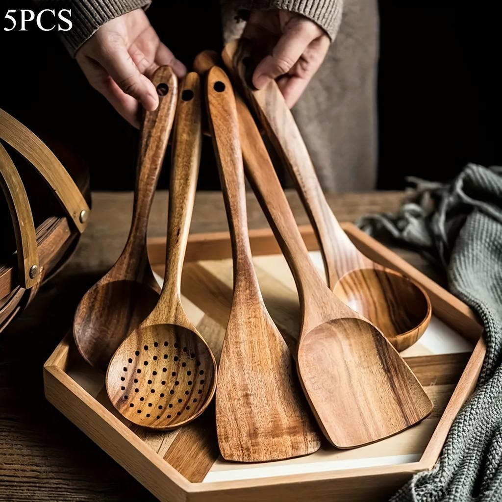 5 Stück Holz Küchenutensilien Akazien Schöpfkellen Set Antihaft Pfanne Spezial Gebratener Gemüse Schöpflöffel Haushalt Kochen Salatgabel Abtropflöffel