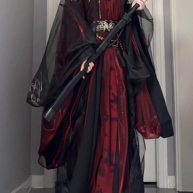 Hanfu Wei Jin Style Unisex Wide Sleeve Costume Set With Embroidery Red Blue Options