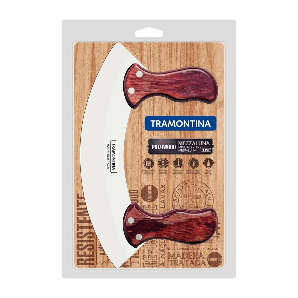 Tramontina Mezzaluna Pizza Wooden Dishwasher Made in Natural Product Chopper, Cutter, Multi-Purpose Knife, Handle, 25cm, Red, Safe, Durable, Brazil,