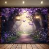 Enchanted Purple Flower Forest Path with Butterflies Wall Tapestry 2D Flat Print Fantasy Art Nature Decor Boho Style Home