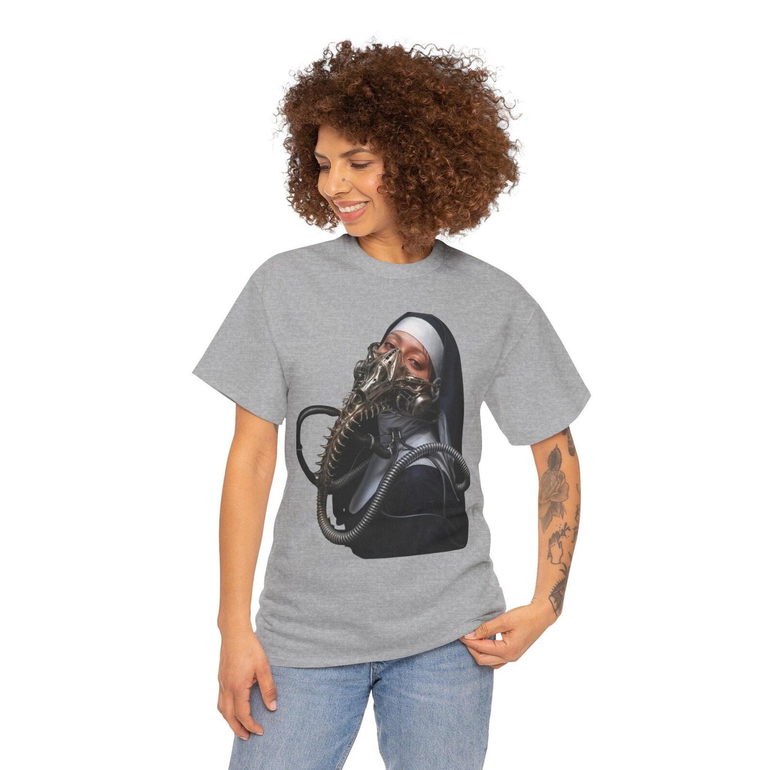 Steampunk Nun T-Shirt, Dystopian Gas Mask Graphic Tee, Cyberpunk Goth Aesthetic Shirt, Edgy Alternative Streetwear, Dark Surreal Art Apparel 4XL