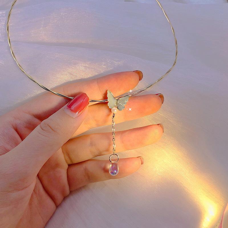iF ME Ins Korejský Retro Motýl Perlový Přívěsek Zlatý Náhrdelník Elegantní Jednoduché Náhrdelníky Choker Šperky Doplňky