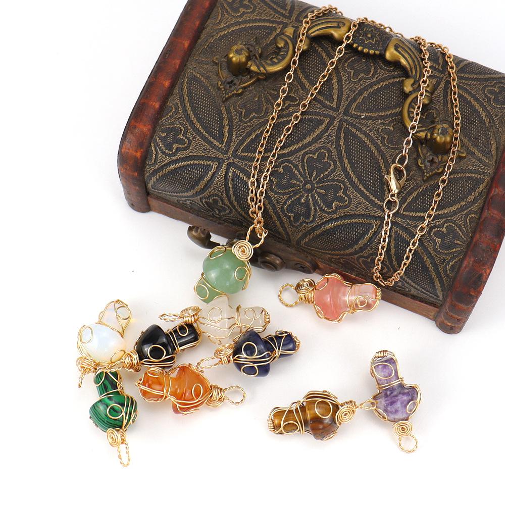 Handmade Gold Winding Crystal Tiger Stone Agate Small Mushroom Pendant Necklace Jewelry N588