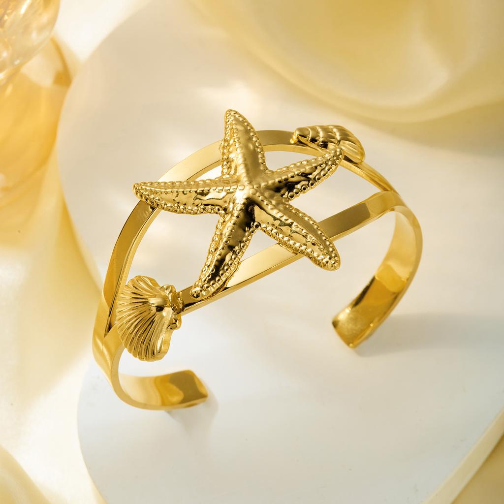 Starfish Crab Asymmetrical Open Bangle for Women Men Stainless Steel Gold-Plated Scallop Shell Bangle Boho Beach Party Jewelry