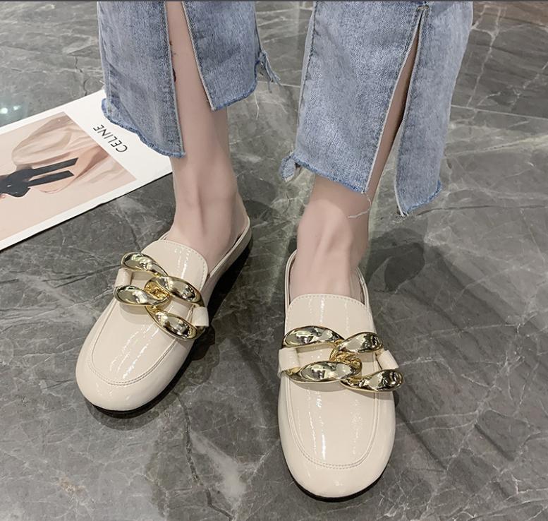 Brand Design Gold Chain Women Slipper Closed Toe Slip On Mules Shoes Round Toe Low Heels Casual Slides Flip Flop Plus Size
