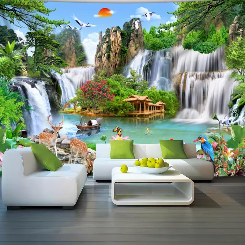 2D Chinese Waterfall Landscape with Deer and Cranes Backdrop Party Photo Background Cloth