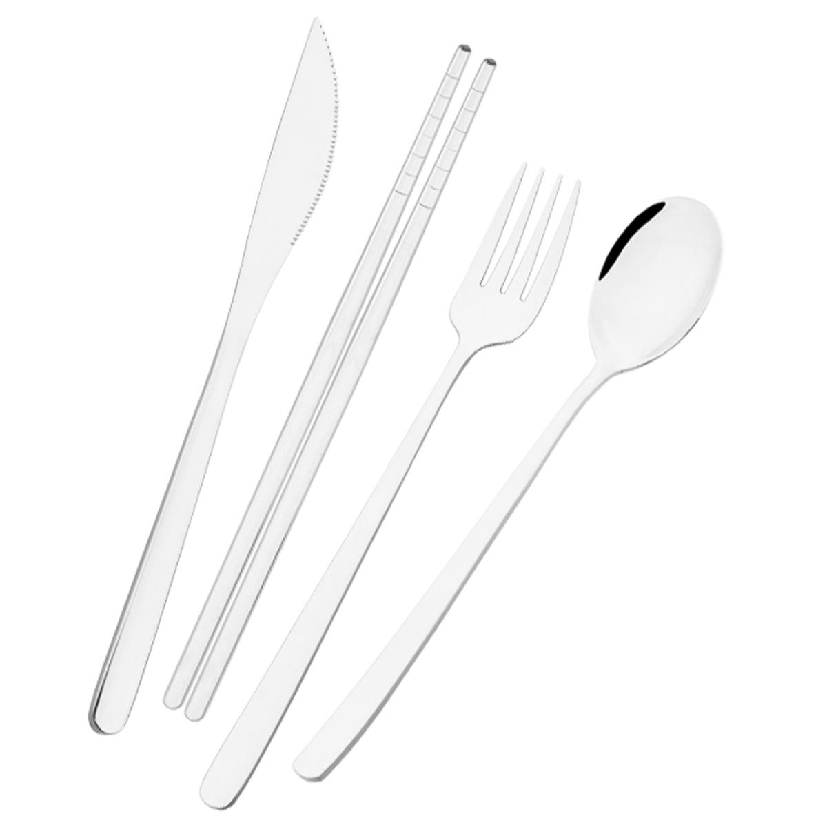 

Набор разноцветной посуды из 4 предметов: нож, вилка, ложка, палочки для еды. Набор столовых приборов из зеркальной нержавеющей стали. Западная кухонная посуда. серебряный