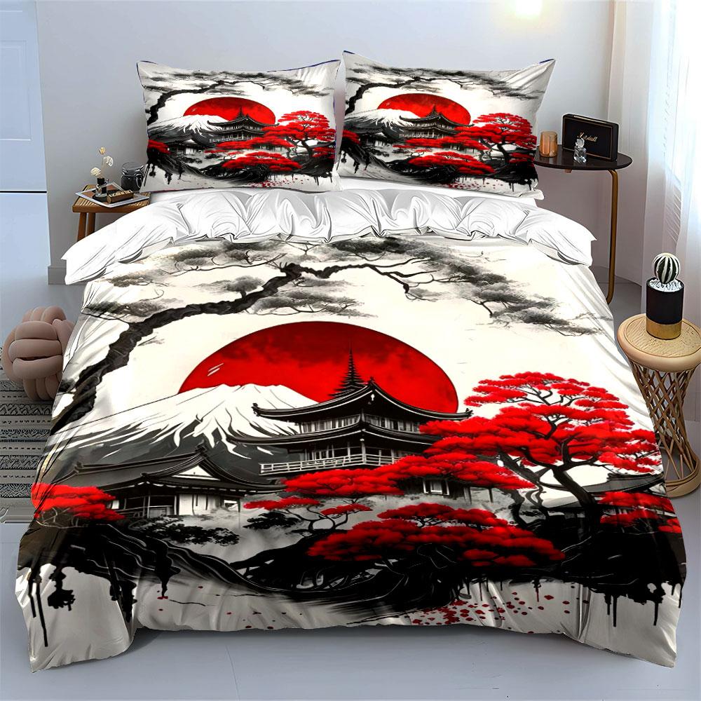 Red Sun, Snowy Peaks, Japanese Aesthetic Printed Duvet Cover Set1 Duvet Cover+2 Pillowcasemulti Size Bedroom Bedding Decor