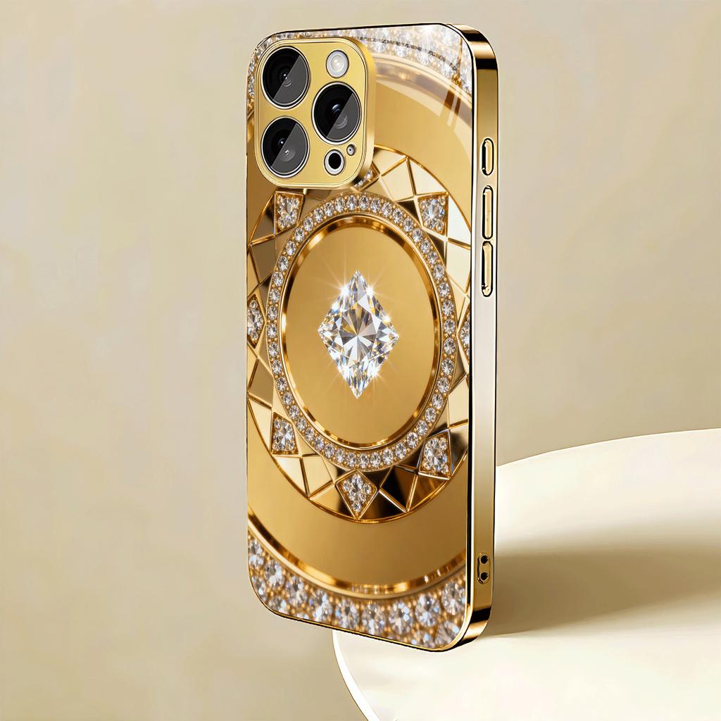 Luxuriöses goldenes rautenförmiges Designmuster galvanisierte Glas-Handyhülle geeignet für iPhone 17 16 15 14 13 12 11 usw.