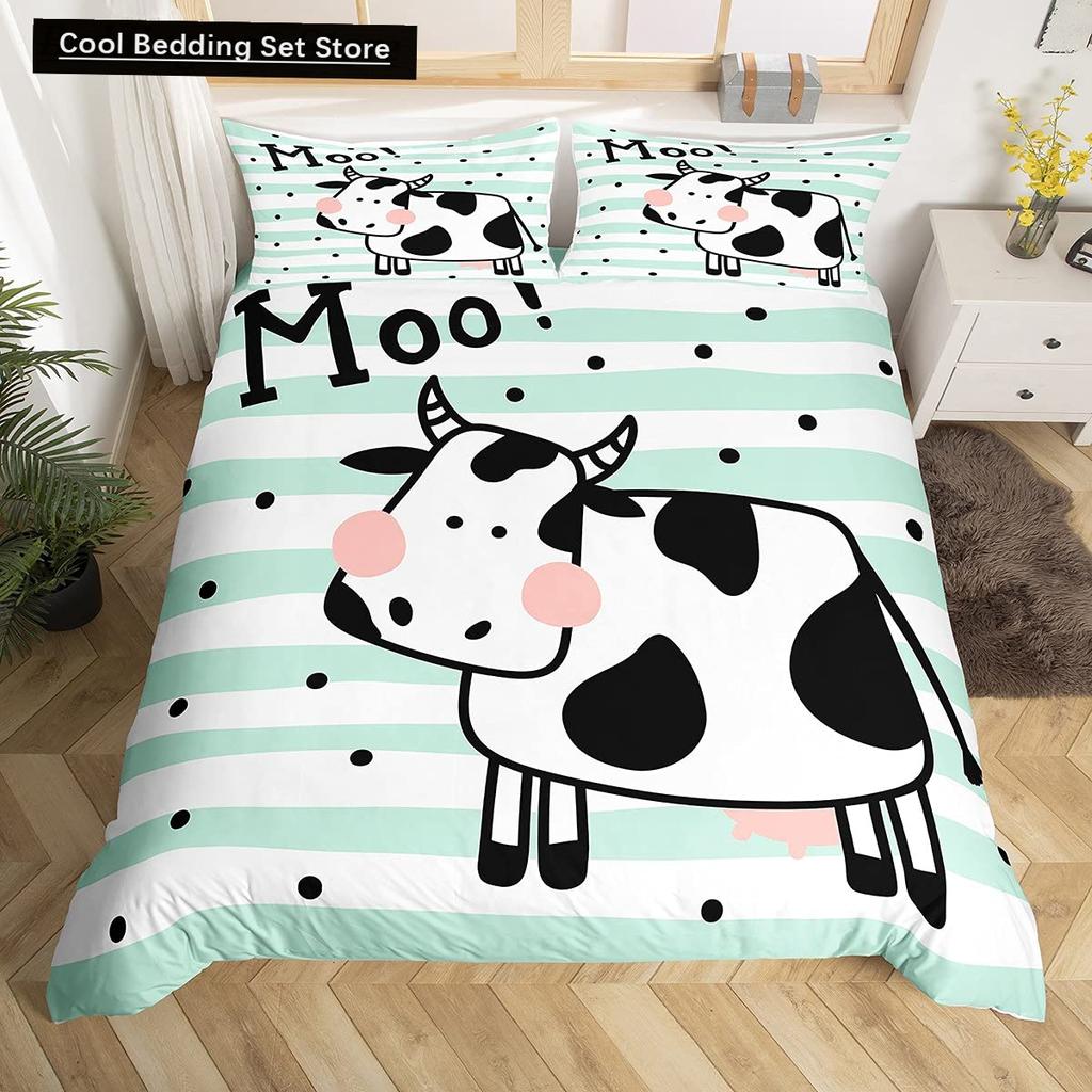 Milk Cow Duvet Cover King Queen Size Cute Cartoon Cows Bedding Set for Kids Farmhouse Rustic Animal 2/3pcs Polyester Quilt Cover