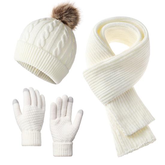 3Pcs/Set Women Winter Hat Scarf Gloves Set Plush Ball Decor Twist Texture Knitting Hat Long Scarf Warm Gloves Set