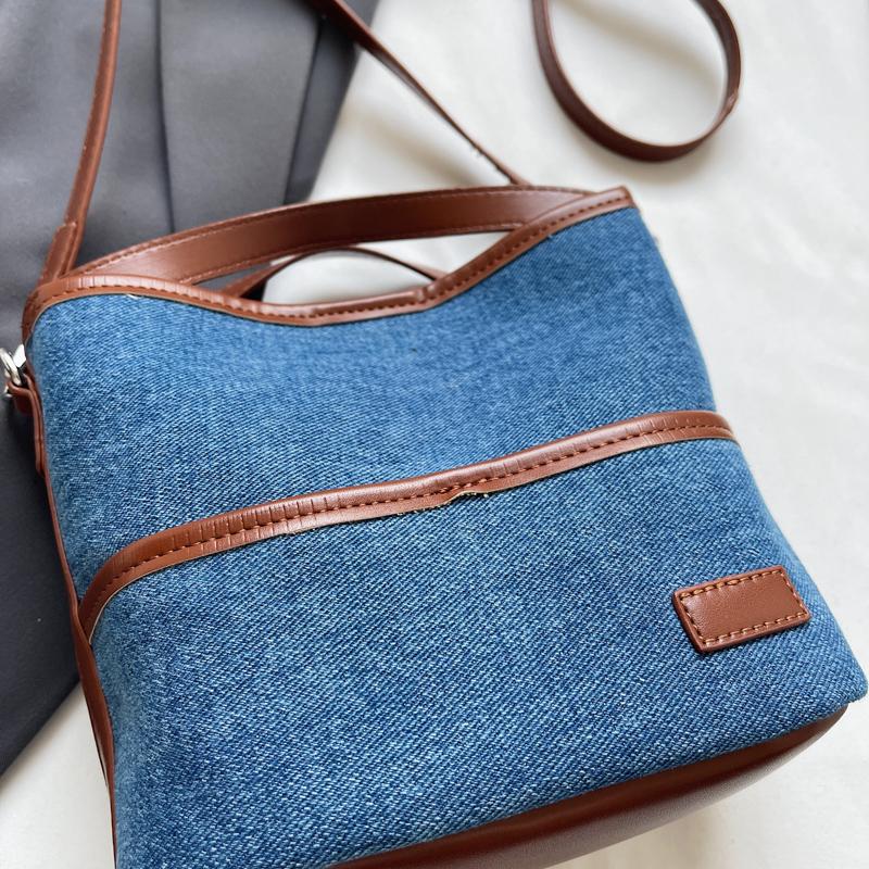 Denim Shoulder Bag Women Fashion Brown Leather Trim Crossbody Tote Bag Casual Everyday Small Handbag