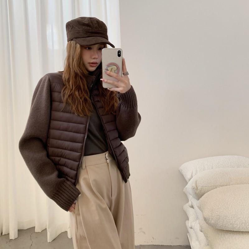 Womens Winter Casual Puffer Coat Knit Sleeve Slim Fit Stand Collar Everyday Outerwear