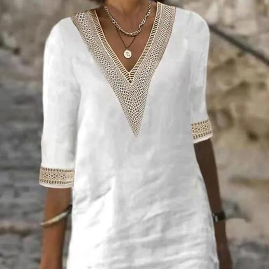 V-neck Half Sleeve Thin Beach Dress Women Elegant Lace Stitching Casual Dress Streetwear