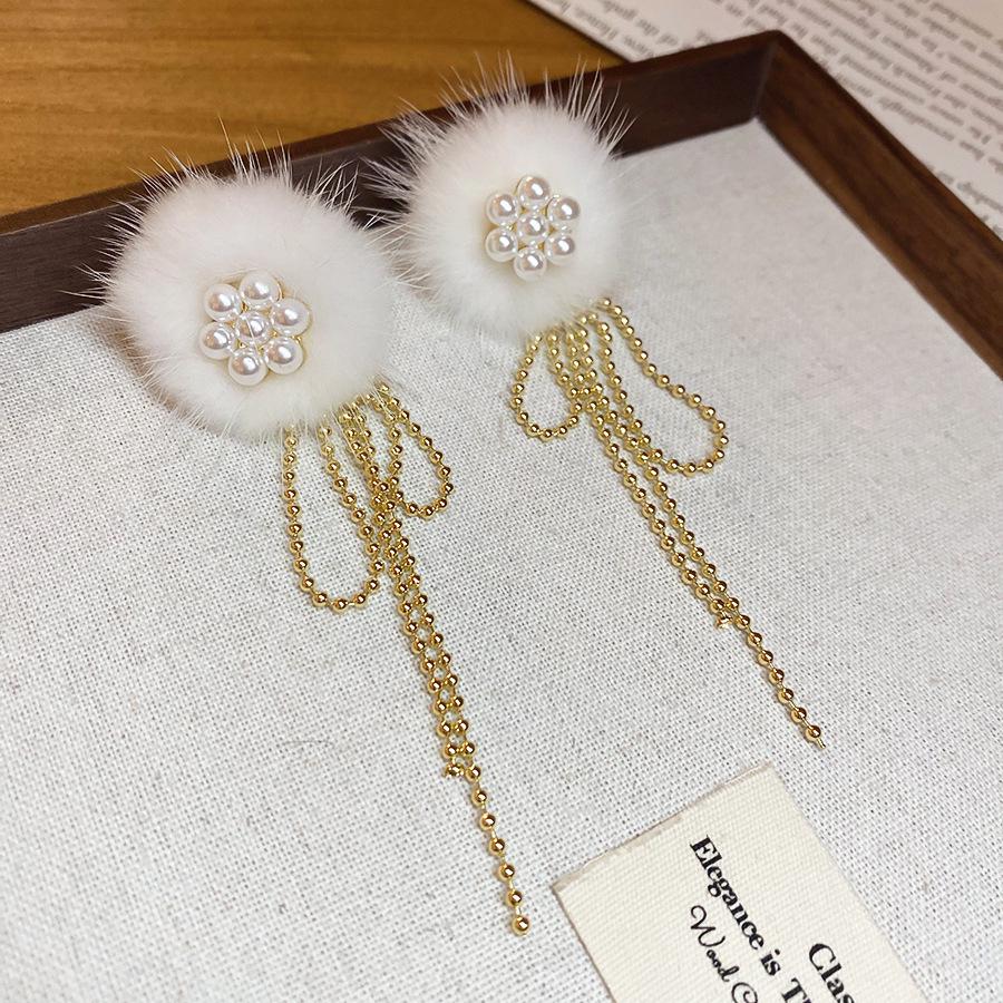 Silbernadel Pompon Kunstperlen Blumen Quaste Ohrringe - Eleganter High-End Hänge Schmuck