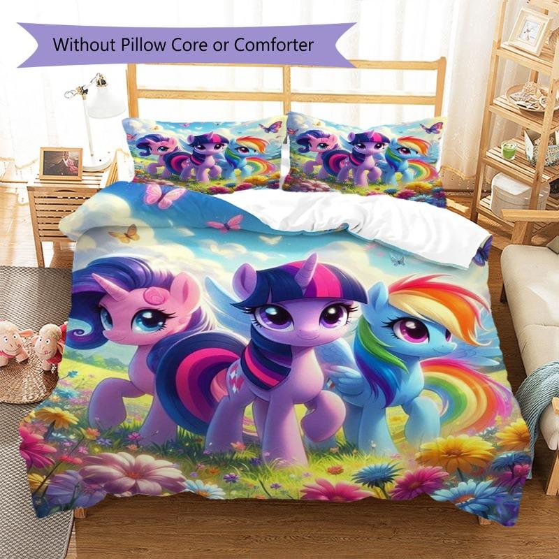 Colorful Cartoon Pony Group Wildflower Meadow Print Duvet Cover Set Soft Kids Bedding Set For Bedroom Home Decoration