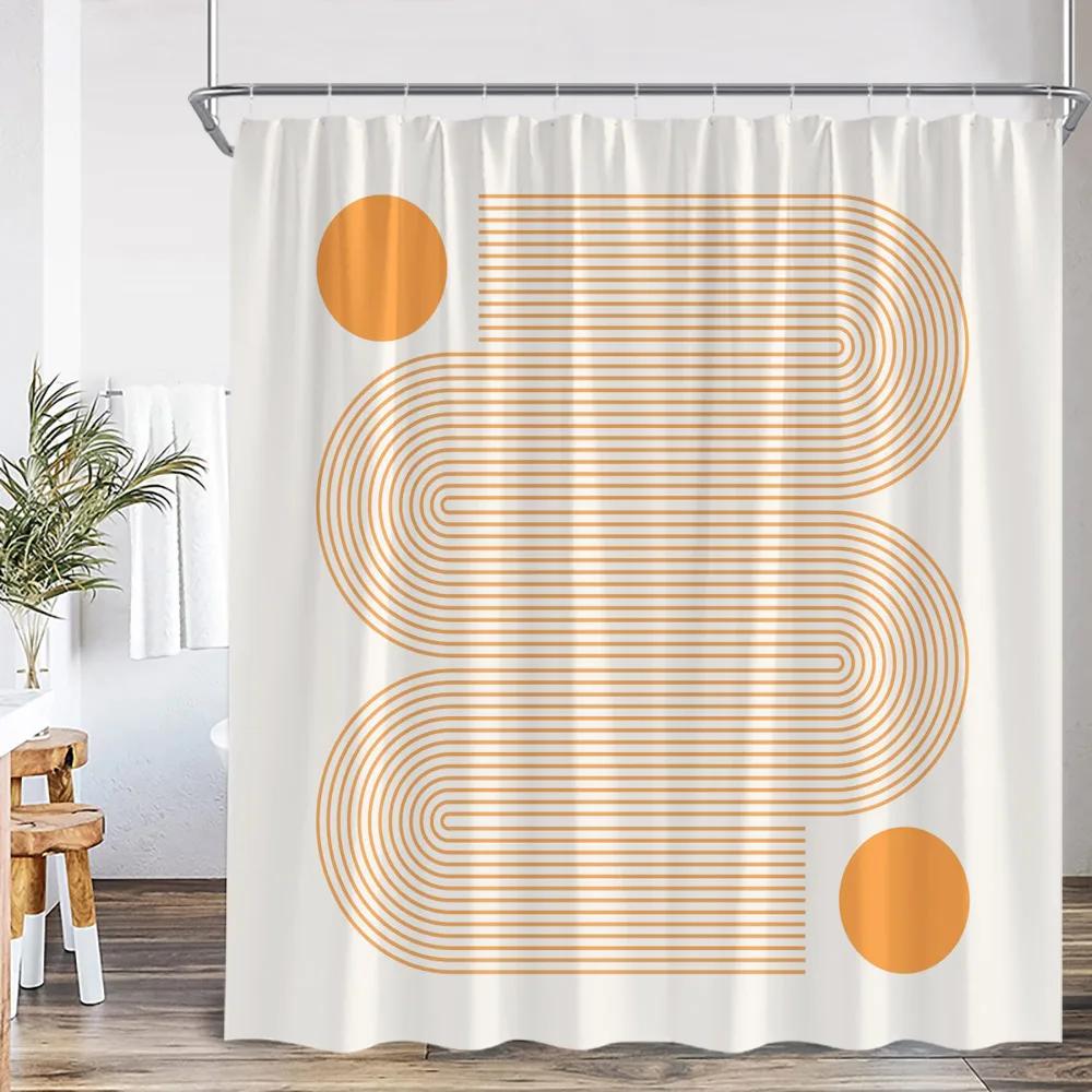 Mid Century Abstract Shower Curtain Leaf Curve Simple Line Nordic Modern Bathroom Decor Polyester Fabric Bath Curtain With Hoo