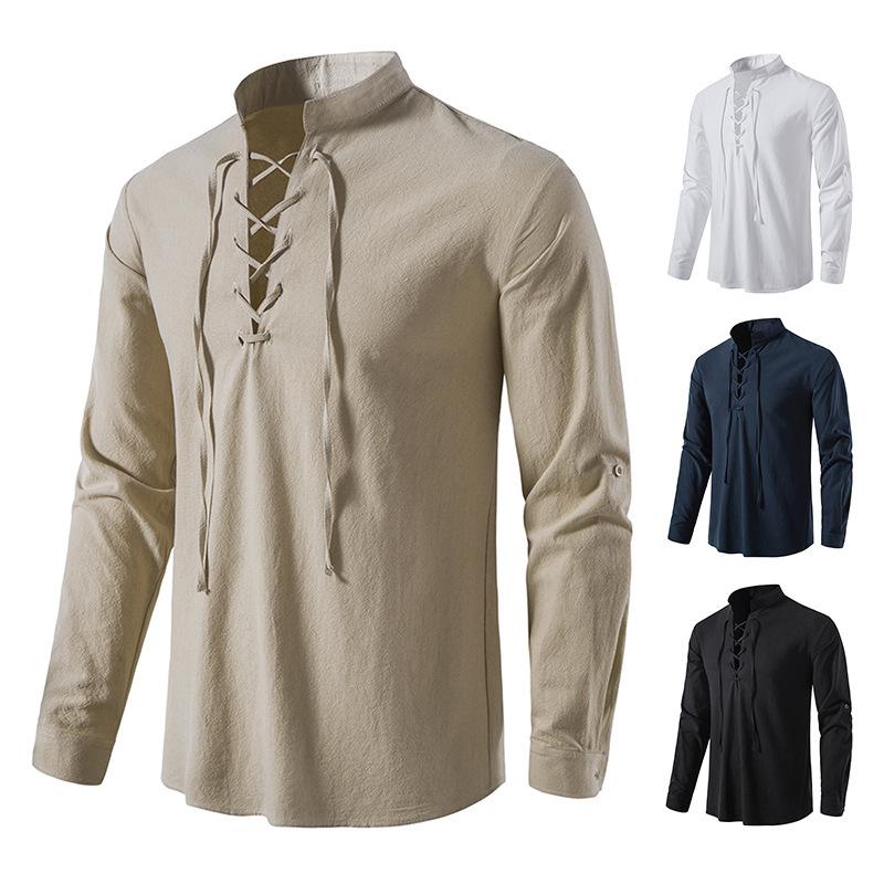 Men's V-neck Lace-up Long Sleeve Henley Shirt Solid Color Cotton and Linen Loose Casual Men's Stand-up Collar Shirt