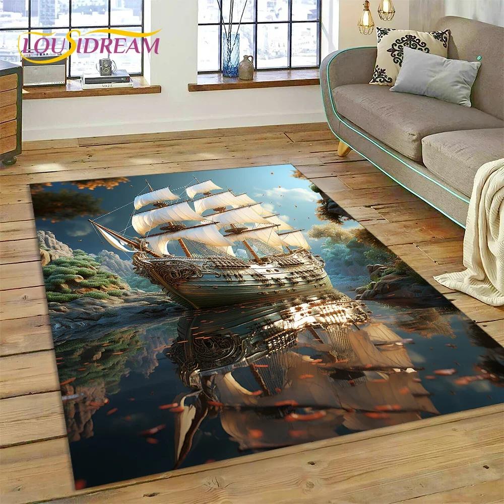 Ancient Pirate Ship Boat,Barque,Sailboa Carpet Rug for Bedroom Living Room Home Sofa Decoration,Child Game Large Decor Floor Mat