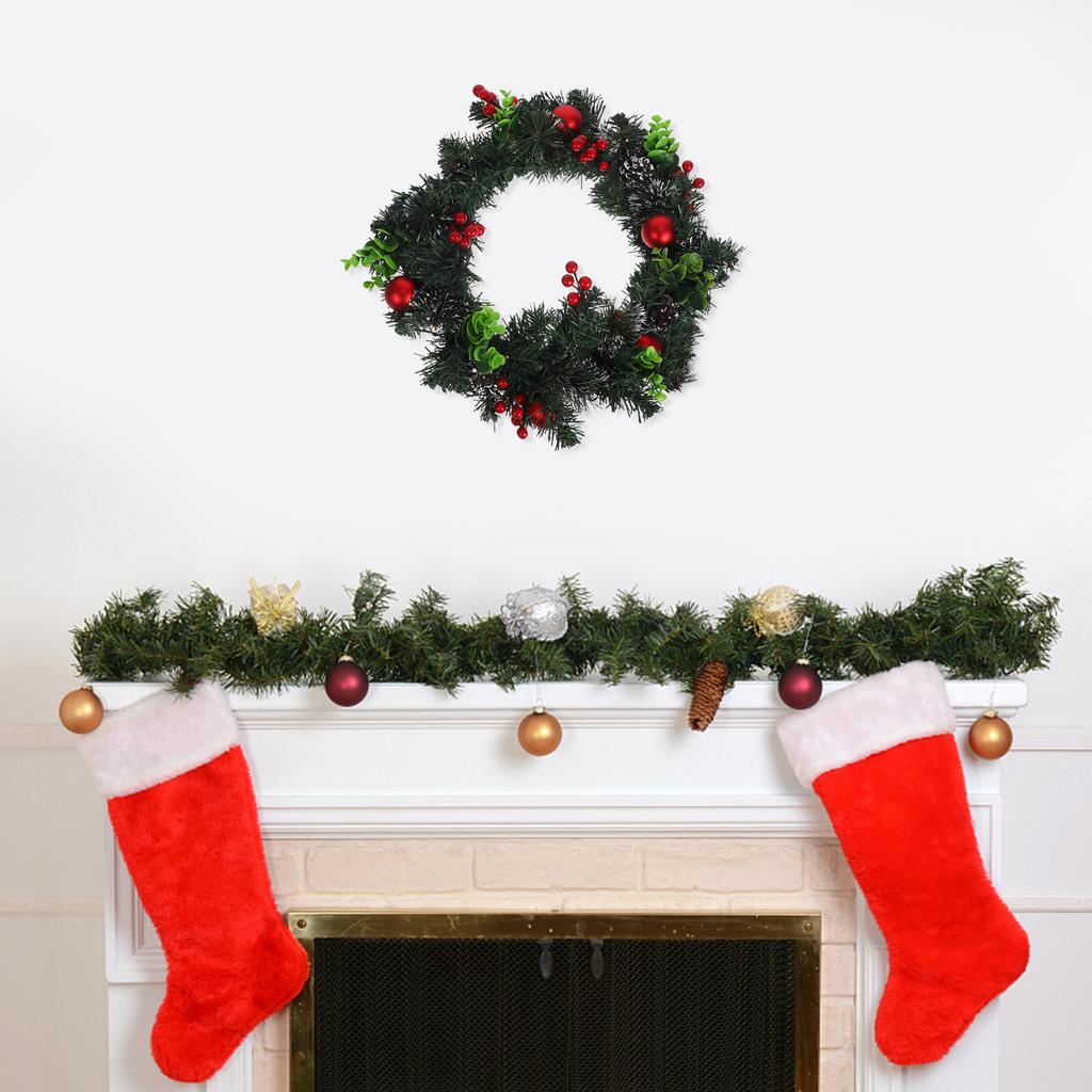 Christmas Wreath With Led Lights Red Berries Pine Cones Faux Evergreen For Front Door Wall Fireplace Holiday Decor Outdoor