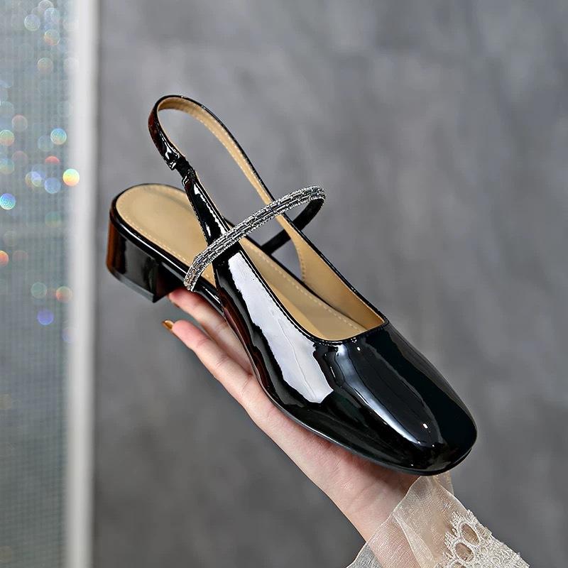 Baotou rear empty sandals female 2025 new fairy style French word with thick heel beautiful high heel rhinestone shoes