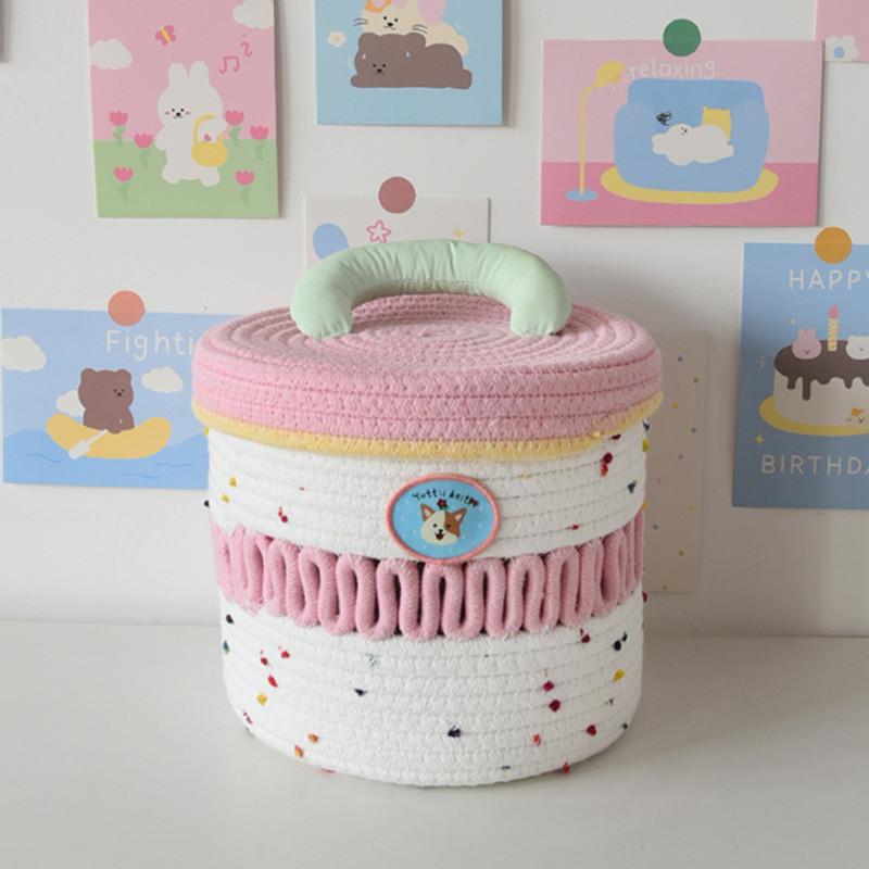 Cotton Woven Storage Basket With Colorful Dot Pattern For Dorm Room And Home Decor