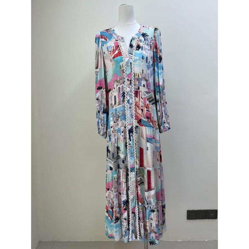 

High Quality Australian Single SUNFLOWER Pattern Elegant and Comfortable Linen Long sleeve dress No. 2 color All yards