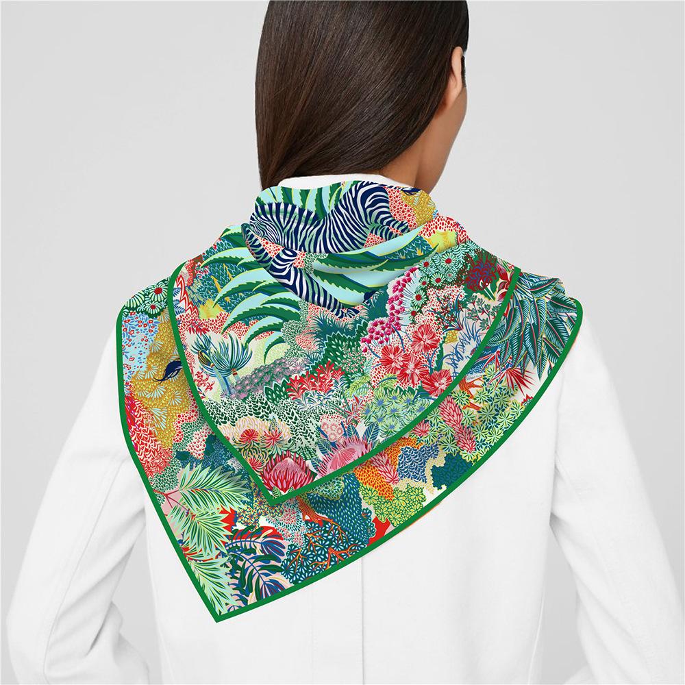 Women Daily 90CM Square Twill Scarf Shawl Hijabs Luxury Jungle and Zebra Printed Bandana Foulard Neckerchief For Ladies