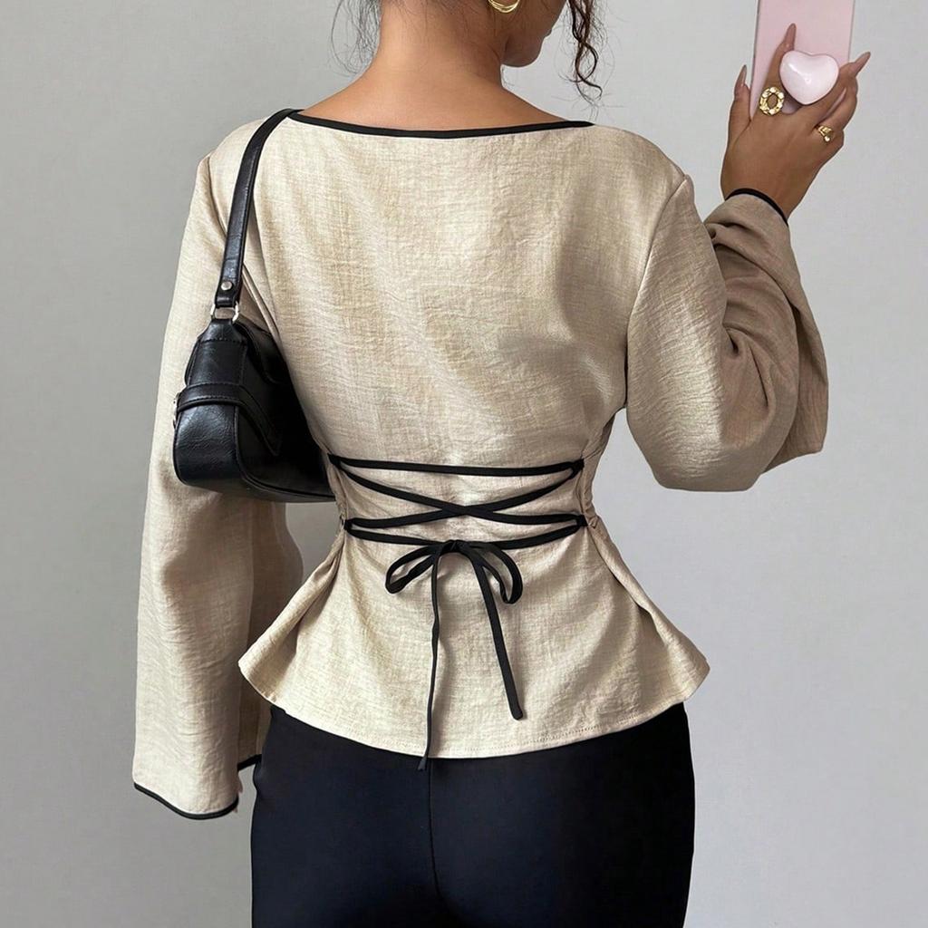 Women Long Sleeve Peplum Top Waist Cinched Flared Sleeve Crew Neck Casual Streetwear Blouse Fashion Basic Tunic Shirt