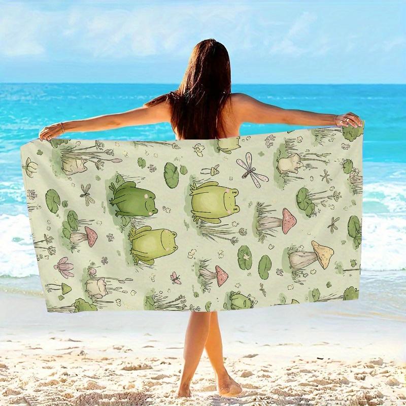 Cute Frog Mushroom Beach Towel, Nature-pired Pond Dragonfly Print, Quick Dry Soft Absorbent Towel for Kids & Adults