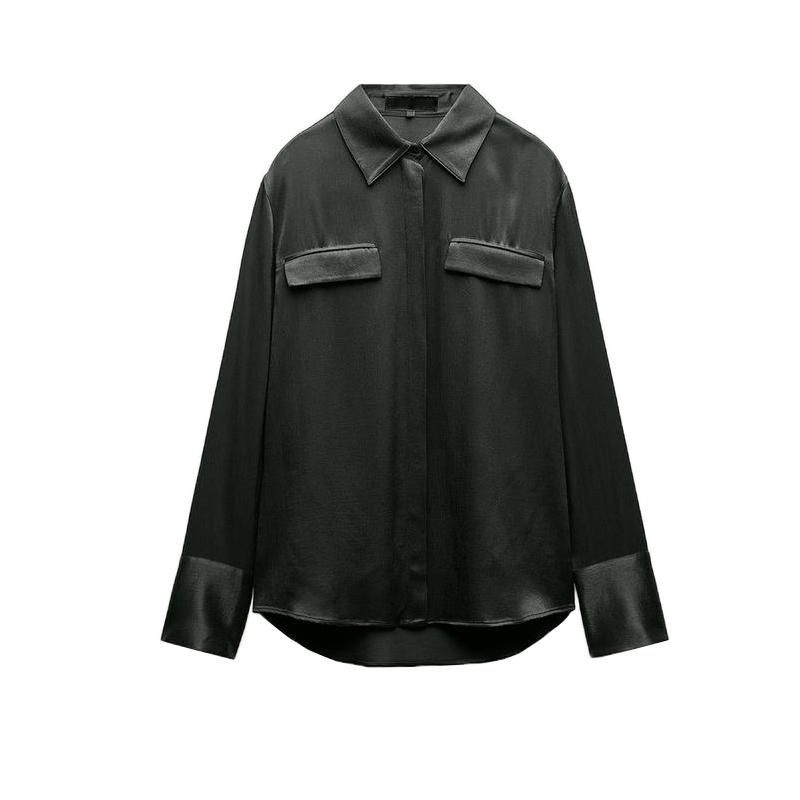 Fall and Winter New Women's Clothing Fashion Air Outlet Pocket Decoration Silk Satin Texture Lapel Long Sleeve Shirt Tops 8987213