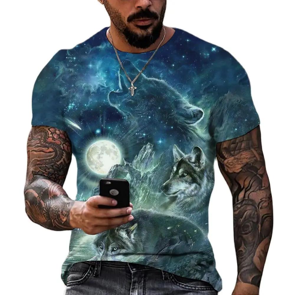 2026 Wolf Pattern Animal Print Short Sleeve Top 3D Casual Streetwear Men's T-Shirt Loose Vintage Style