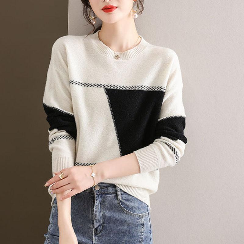 New Autumn Winter Fashion Round Neck Contrast Color Cashmere Sweater Loose and Versatile Large Foreign Long Sleeve Sweater
